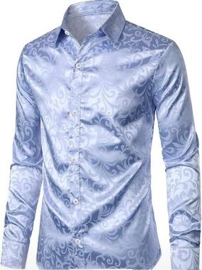 Slim Fit Light Blue Jacquard Satin Dress Shirt